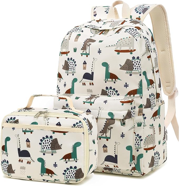 Kids School Backpack with Lunch Box for Boy Kindergarten BookBag School Bag Preschool Kindergarten Toddler Backpack (Dinosaur Beige)