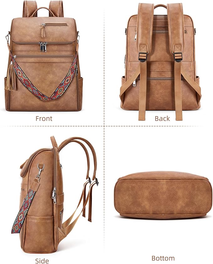 Leather Laptop Backpack for Women Designer Laptop Bag, 16.5 inch Travel Computer Backpacks Purse with Tassel for Work Business with Satchel Purse Brown