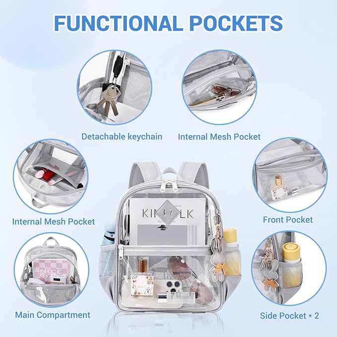 Clear Backpack for Stadium Events Approved 12×6×12, Thick TPU Mini Clear Bag with Front Pocket for Concert Sport Events Work Travel, Grey