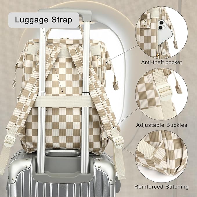 Laptop Backpack for Women, Corduroy College School Backpack Bookbag 15.6 inch Business Computer Travel Backpack (Checkered Brown)