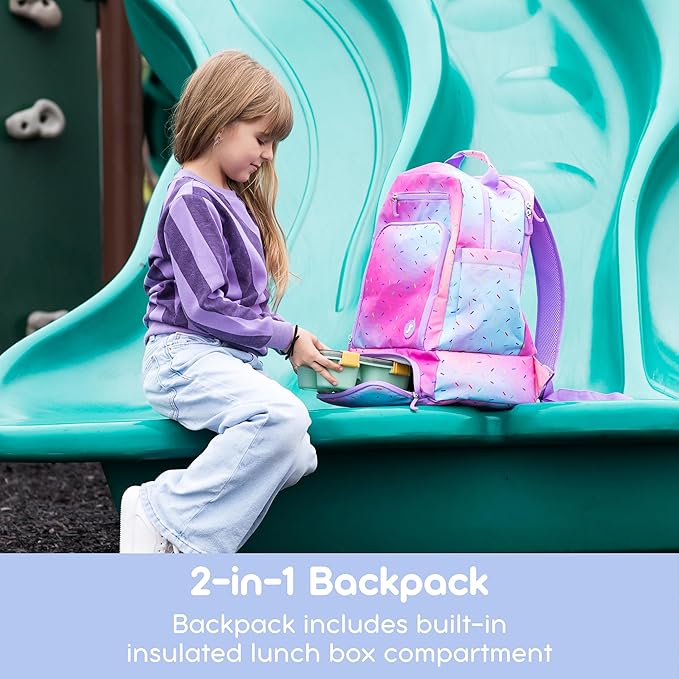 J World New York 2-in-1 Insulated Backpack Lunch Box for Kids. Adult School Bookbag, Purple