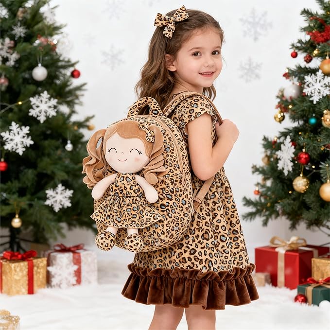 Gloveleya Toddler Backpack Baby Girl Gifts Curly Hair Plush Figures Dress Backpack Kids Backpack Curly Hair Spring Girl - White Leopard 9inches