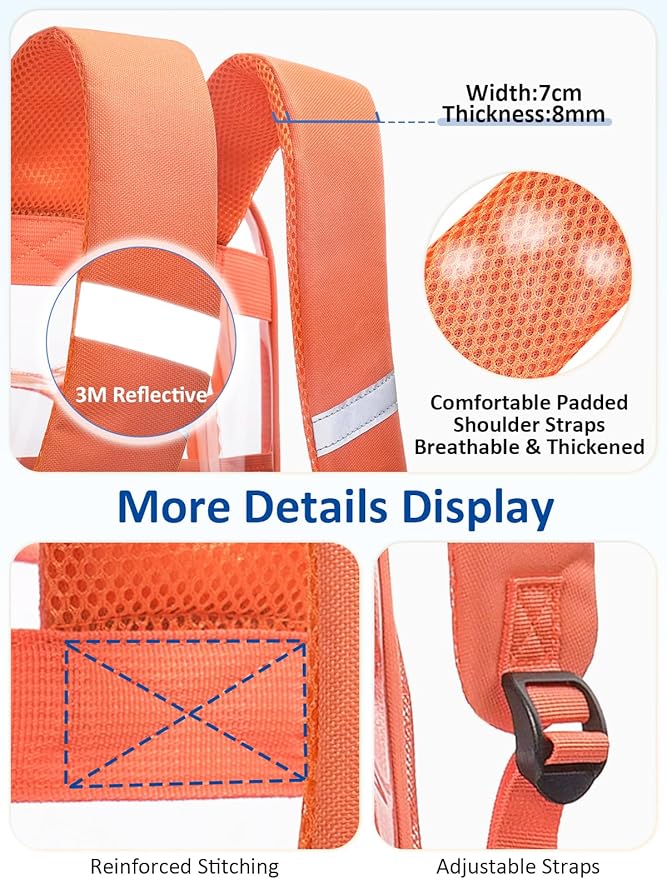 Extra Large Clear Backpack with TSA Lock, Heavy Duty Transparent See Through Clear Bookbag for College, Work, Travel, Casual Sport, Orange