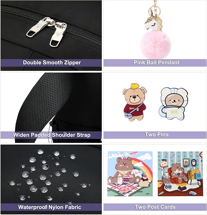 Backpack for Girls with Accessories Laptop Bookbags 16 Inch Kawaii Kids Elementary Middle High School Bag College Travel Daypack Gifts for Teens Women Students (Black Purple)