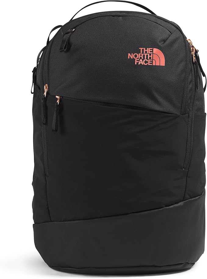 The North Face Women's Isabella Transit Backpack | Commuter Travel Bag with 16" Laptop Sleeve, Water-Repellent Finish, Women-Specific Fit, TNF Black Light Heather/Burnt Coral Metallic-NPF, One Size