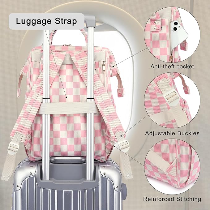 Laptop Backpack for Women, Corduroy College School Backpack Bookbag 15.6 inch Business Computer Travel Backpack (Checkered Pink)