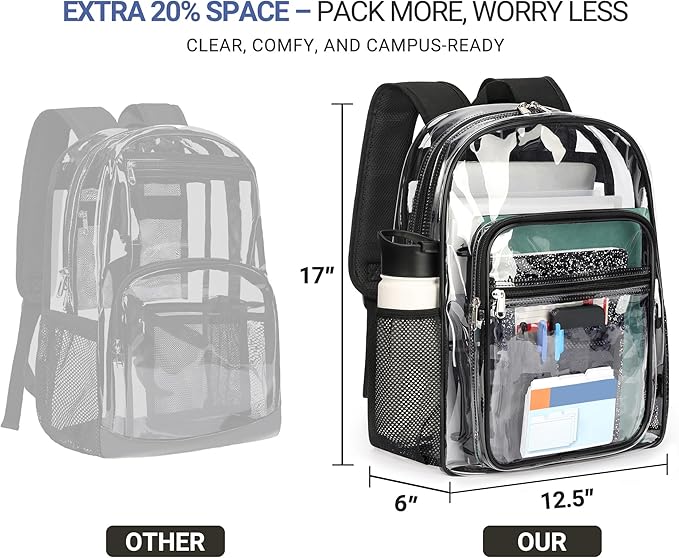 ZORFIN Clear Backpack Heavy Duty for School – 17in Transparent PVC Bag with Large Capacity & Reinforced Straps for Men, Women, Boys & Girls - See Through Bookbag for College Workplace Security, Black