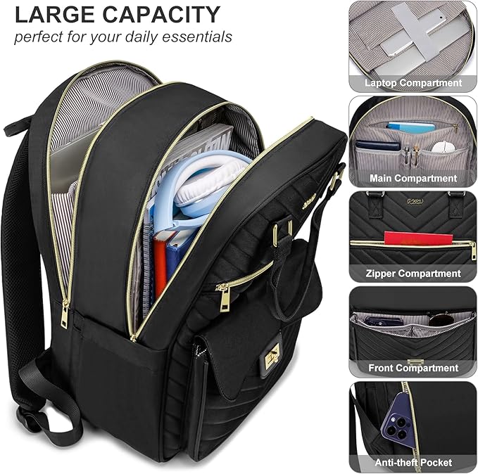 17.3in Laptop Bag for Women Travel,Cute Book Bags for School Teen Girl College Student,Mochilas de Mujer,Black