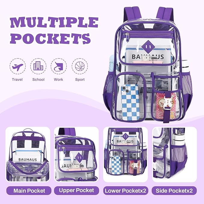 Clear Backpack for School,Heavy Duty PVC Transparent Bookbag for Girls Stadium Approved See Through Backpack