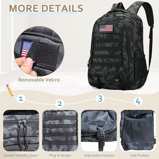 19'' Camo Backpack for Boys - Waterproof Tactical Bookbag for 15.6" Laptop Sleeve & MOLLE System for School Camping Travel