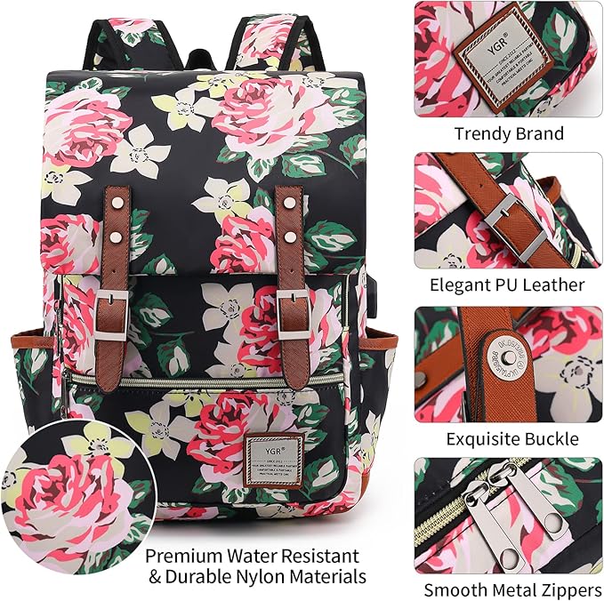 YGR Floral Laptop Backpack for Women, Female, School, Travel, Business, Outdoor Sports, Office, Work