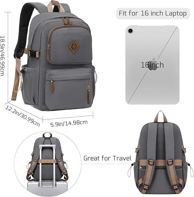 AO ALI VICTORY laptop backpack 15.6 inch anti theft travel backpacks for men and women large college bookbag work business daypack middle high school bag for girls boys teens students grey