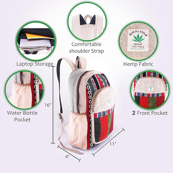 Anitya Hemp Backpack, Multi-Functional Pockets, Eco-Friendly, Unisex, Hiking Daypack, Durable Rucksack