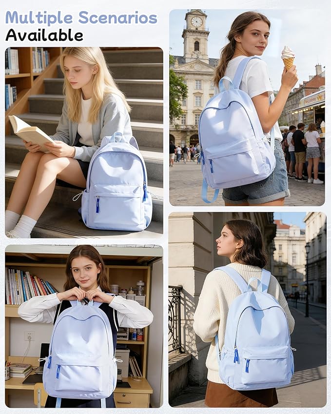 School Backpack for Teen Girls,Simple School Book Bag Waterproof High School Backpack for Boys Middle Student Bookbag College Backpack for Women Men Casual Daypack Travel Aesthetic Backpacks Blue