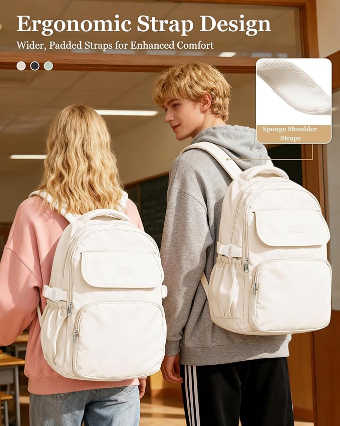 Cute Middle School Backpack For Teen Girls,Waterproof Casual Bookbags,Lightweight Travel Daypack,Basic Laptop College Backpack For Women(White)