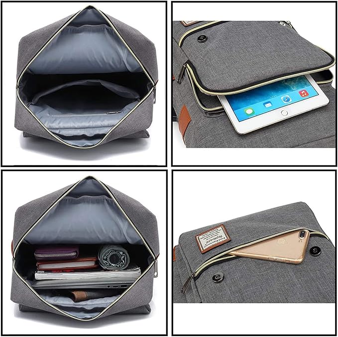 UGRACE Laptop Backpack, Grey, Unisex, 15.6" Laptop Compartment, 6 Compartments, USB Charge Port, Adjustable Shoulder Strap, PU Leather Belt