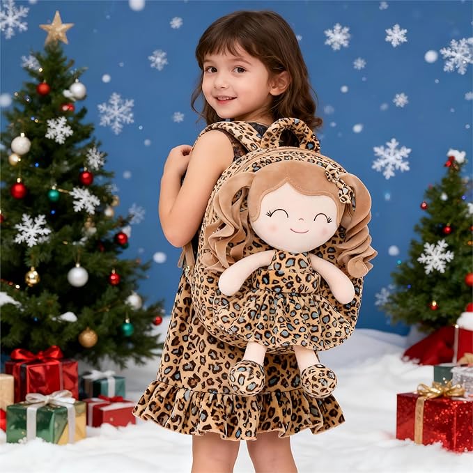 Gloveleya Toddler Backpack Baby Girl Gifts Curly Hair Plush Figures Dress Backpack Kids Backpack Curly Hair Spring Girl - White Leopard 9inches