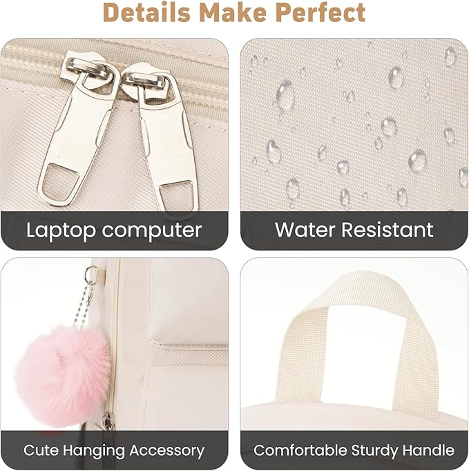 School Backpack for Girls Teens, Cute Aesthetic College Backpacks Large 15.6 Inch Laptop Bag Preppy Bookbag for Women Students Travel (Beige)