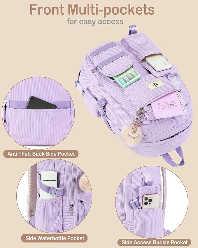 Hidds School Backpack for Teens Girls Women 15.6 Inch Laptop College Backpacks Corduroy Kids Bookbag Students Travel Daypack Womens (Purple)