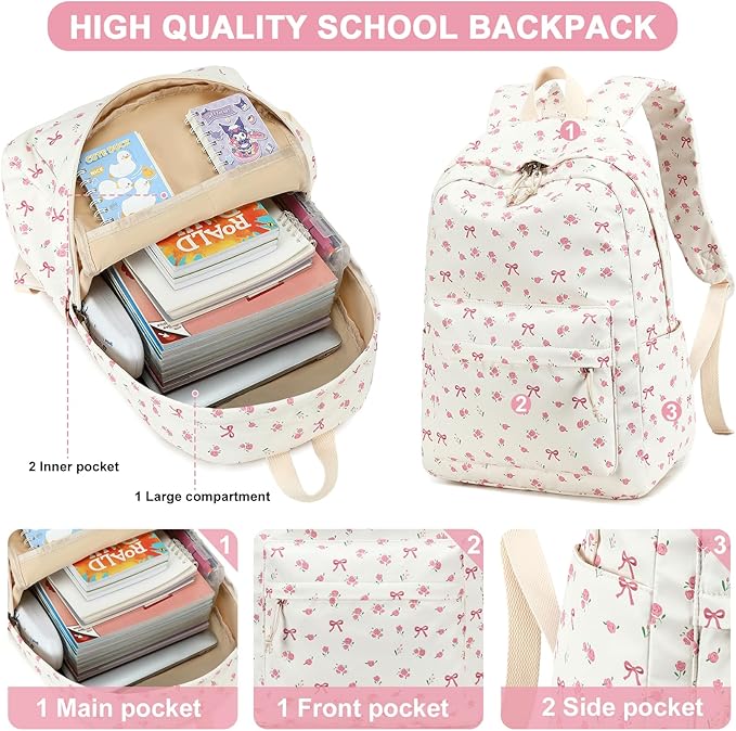 LOIDOU Backpack for Girls School Backpacks Bookbags for Elementary Middle School Women Laptop Backpacks (conquette white)