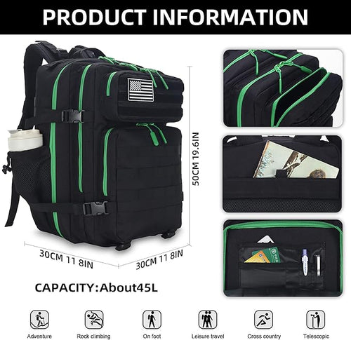 45L Tactical Assault Backpack - 3 Day Assault Pack with MOLLE Waterproof Rucksack (Back Green)