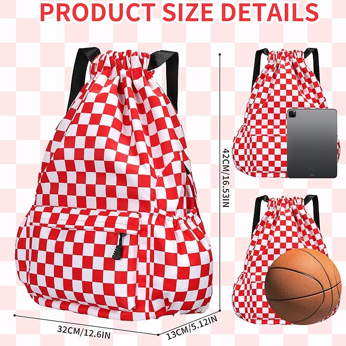 Drawstring Backpack for Women Drawstring Gym Bag Water Resistant Small Cinch Sack Pull String Backpack Bag (Checkered-Pink)