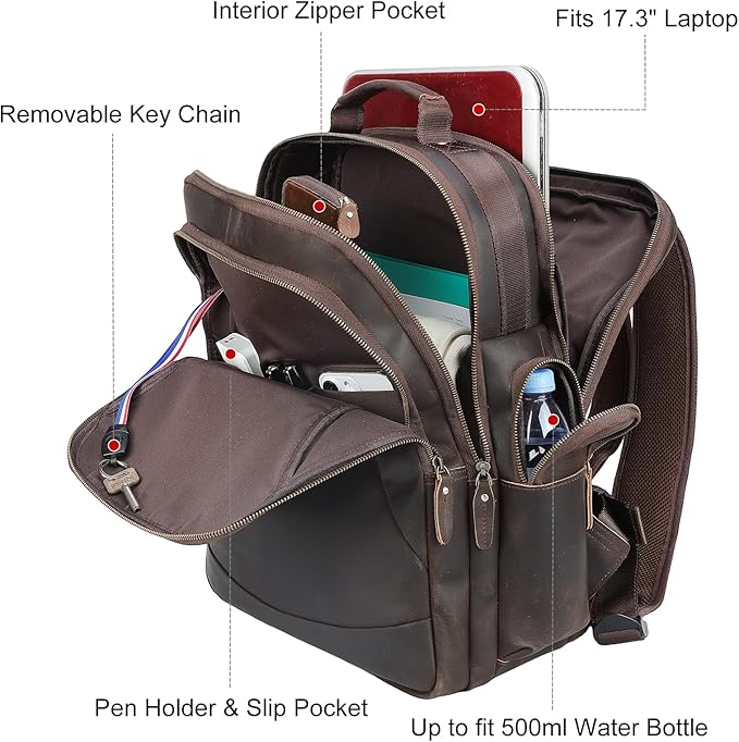 TIDING Full Grain Leather 17.3 Inch Laptop Backpack for Men Large Capacity Travel Weekender Camping Daypack Rucksack