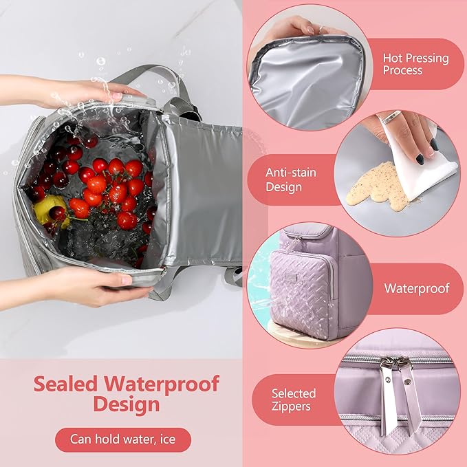 Women's Insulated Lunch Backpack for 15.6"Computer, Soft Backpack Coolers LeakProof Travel Cooler Bag Waterproof Lunch Picnic Beach Work Trip Thermal Bag Drink Beverage Beer (Heathered Lilac)
