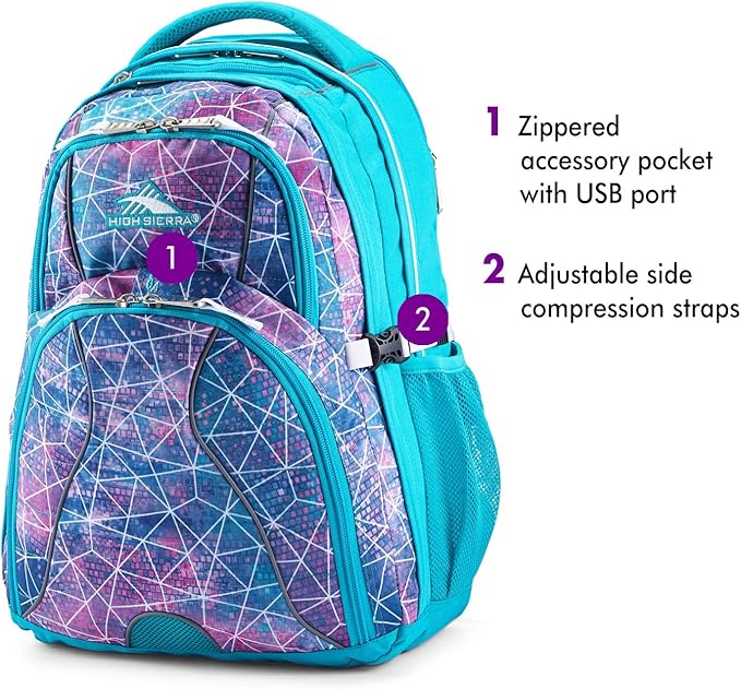 High Sierra Swerve Laptop Backpack, Sequin Facets/Bluebird/White, One Size