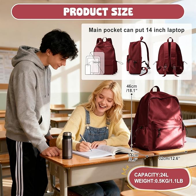 VECAVE School Backpack Red Waterproof Bookbag Casual Lightweight Travel Rucksack Daypack Backpacks for Men Women College High School Bags backpack for Boys Girls Teens