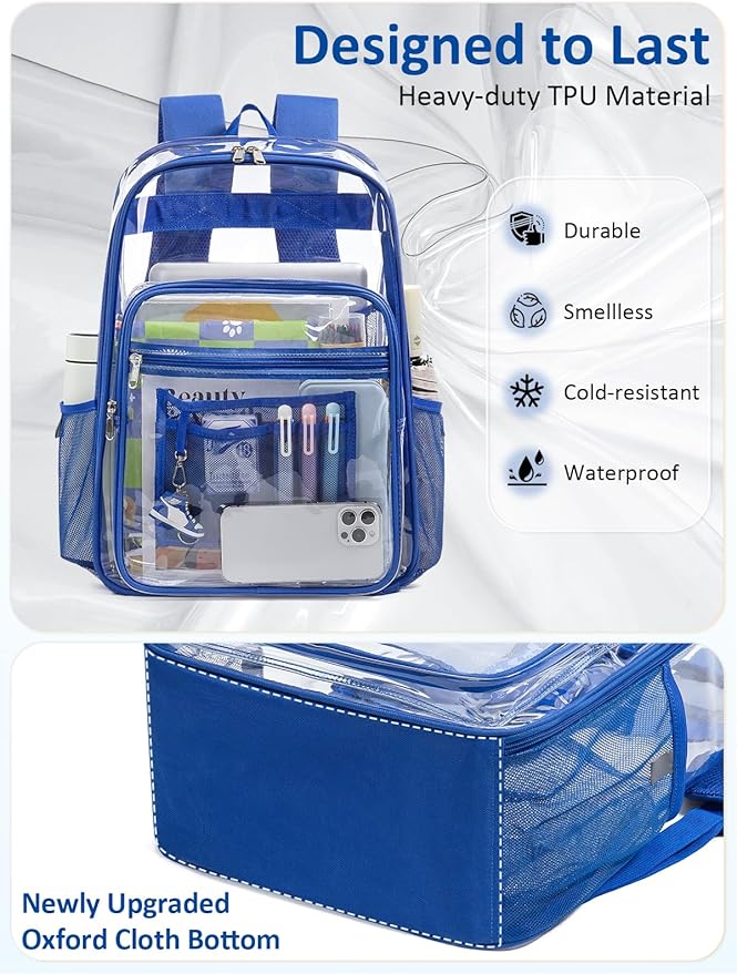 Extra Large Clear Backpack with TSA Lock, Heavy Duty Transparent See Through Clear Bookbag for College, Work, Travel, Casual Sport, Blue