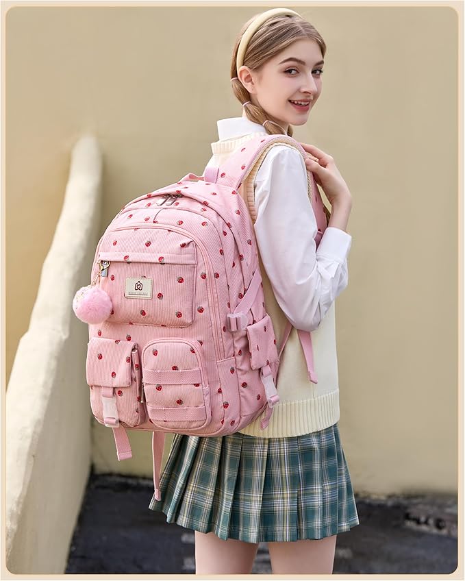 Hidds School Backpack for Teens Girls Women 15.6 Inch Laptop College Backpacks Corduroy Work Bag Kids Elementary Middle High Campus Bookbag Students Anti Theft Travel Daypack Womens - Pink Strawberry