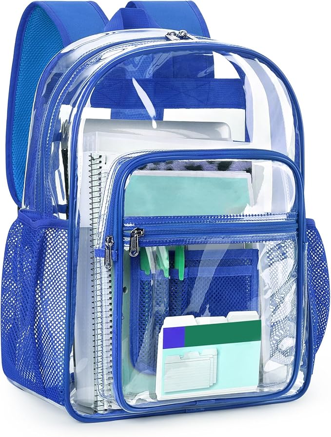 ZORFIN Clear Backpack Heavy Duty for School & Work – 17in Transparent PVC Bag with Large Capacity & Reinforced Straps – See Through Bookbag for Men, Women, Boys & Girls, Workplace Security - Blue