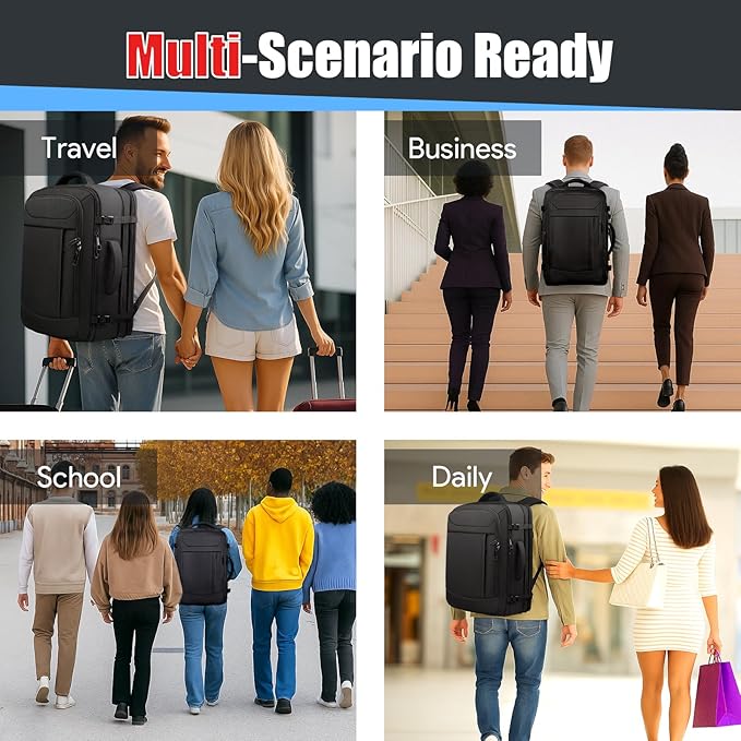 Expandable Travel Backpack 50L-60L, Extra Large Carry on Backpack Hiking Camping Rucksack with Waterproof Wet Pocket, Anti-Theft 19 Inch Gaming Laptop Bag for Road Trip Outdoor Sports, Black