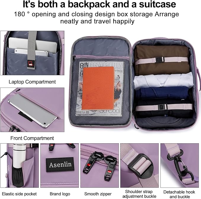 Asenlin 30L Travel Backpack for Women Men,Fit 15.6 Inch Laptop Backpack Flight Approved Luggage Carry On Water Resistant for Weekender Overnight Large Daypack Purple