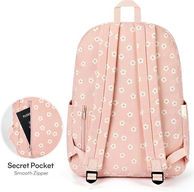 mibasies School Backpack for Girls with Laptop Sleeve: 18IN Large Capacity Corduroy Bookbag for Primary Middle School/College, Travel Daypack for Teens Women - Pink Flower