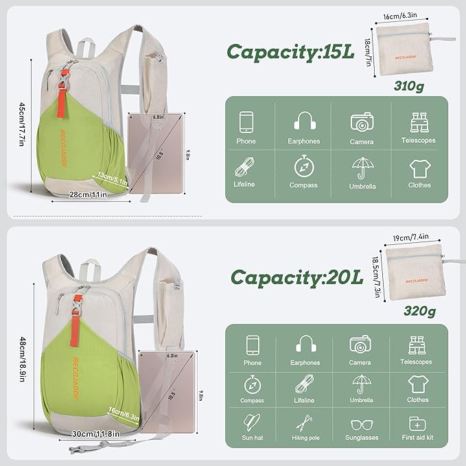 20L Small Hiking Backpack for Men Women Foldable Packable Back Pack Ultralight Hiking Daypack for Travel Camping Outdoor, Beige Green