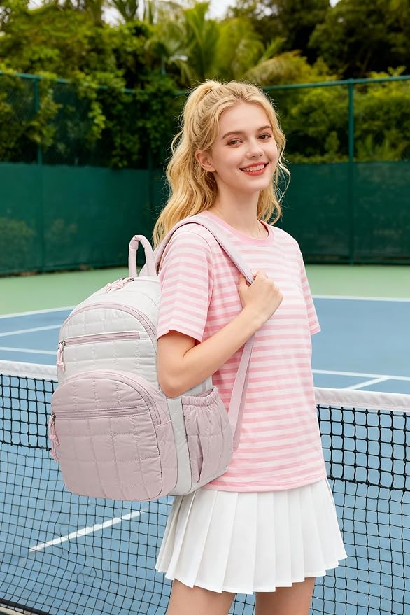 Bookbag for Women, Teen Girls Backpack for High School College Student, Puffer Quilted Back Pack Cute Laptop Backpack for Work Travel Mom Casual Daypack, Beige Pink