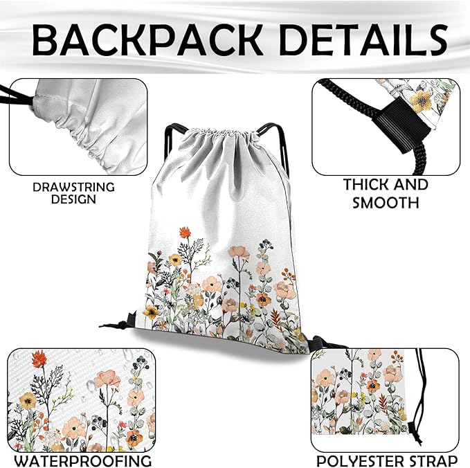 Drawstring Backpack Draw String Bag Waterproof for Sports Gym Beach Travel Cute Aesthetic Sackpack Men Women (13"×17")-Red Flower
