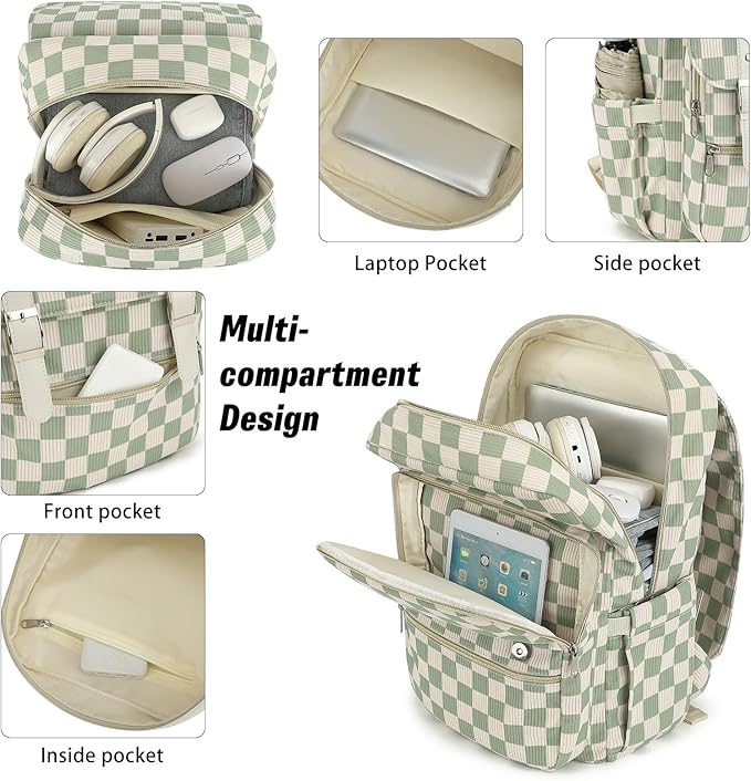 Corduroy Travel Backpack for Women, 15.6 Inch College Laptop Backpack, Fashion School Bookbag Work Backpacks (Corduroy Checkered Green)