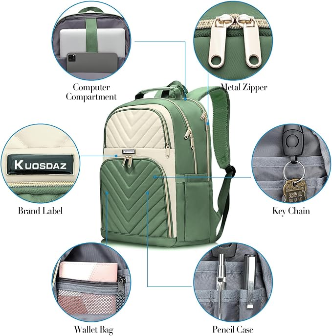 Travel Laptop Backpack for Women Men, 15.6 Inch Quilted Work Backpack Purse, School Backpack for Teens Girls Boys, Large Teacher Student Bookbags, Casual Daypacks, Beige & Green