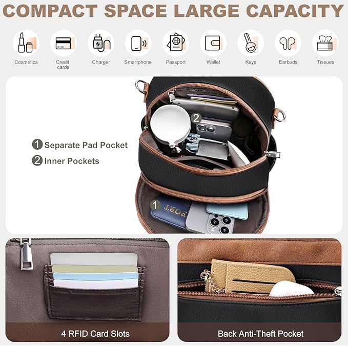 Small Backpack Purse for Women, Mini Backpack Vegan Leather with RFID Blocking & Tablet Pocket, Cute Shoulder Handbag for Travel, School & Work Black Brown