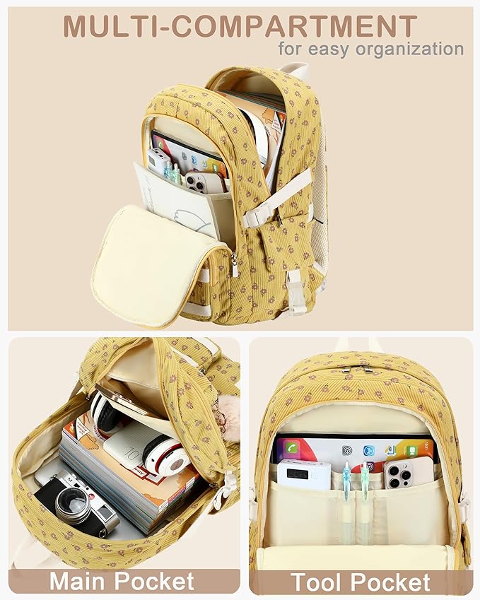Hidds School Backpack for Teens Girls Women 15.6 Inch College Backpacks Corduroy Work Bag Kids Middle High School Bookbag Students Back Pack Anti Theft Travel Daypack Womens-Corduroy Khaki Floral