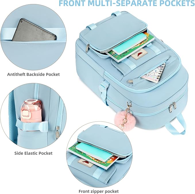 LXYGD 3 PCS Backpack for Teen Girls,Laptop Backpacks 15.6 Inch School Bag with Lunch Box Pencil Pouch Set for Students Aesthetic College Bookbag Travel Daypack(Blue)