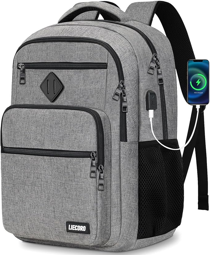 School Backpack for Boys Girls Teens, Grey Backpack for Men Women, 15.6 inch Laptop Back Pack with USB Charging Port, Backpacks for School Business Work College Travel, College Book Bag, Bookbag