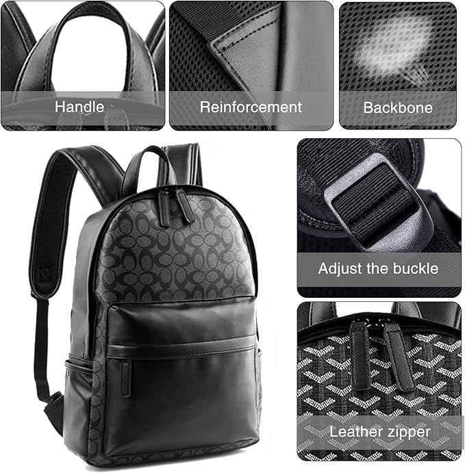 Leather Laptop Backpack for Men Women, School College Bookbag Casual Travel Daypack (Black)