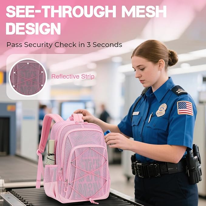 Mesh Backpack, Heavy Duty Mesh Bookbag for Girls Boys Kids, See Through Clear Backpacks, Net Backpack Transparent Breathable for School Beach Swim Travel Outdoor, Pink