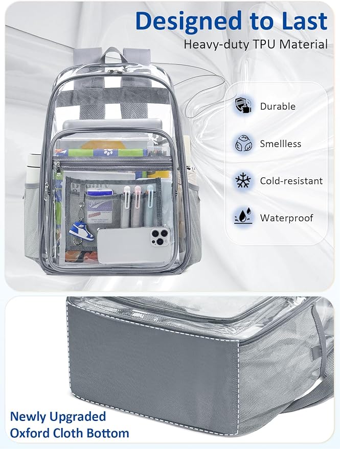 Extra Large Clear Backpack with TSA Lock, Heavy Duty Transparent See Through Clear Bookbag for College, Work, Travel, Casual Sport, Grey