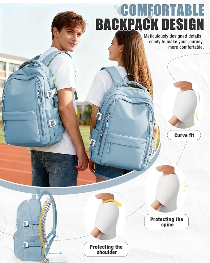 BOXSAM Lightweight Backpack for Women, Large Laptop Travel Backpack Casual Daypack Bag Rucksack for Men.Light Blue