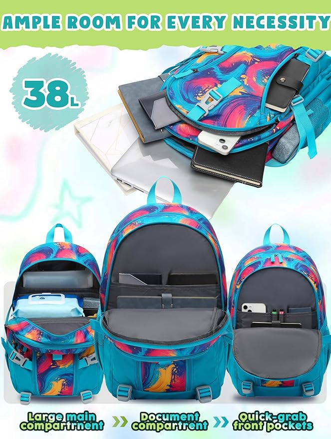 BLUEFAIRY High School Backpack for Girls Boys Middle School Bookbag for Kids Back to School Bag for College with Large Compartment Casual Daypack Mochilas para Niñas Adolescentes 18" Tie Dye Teal